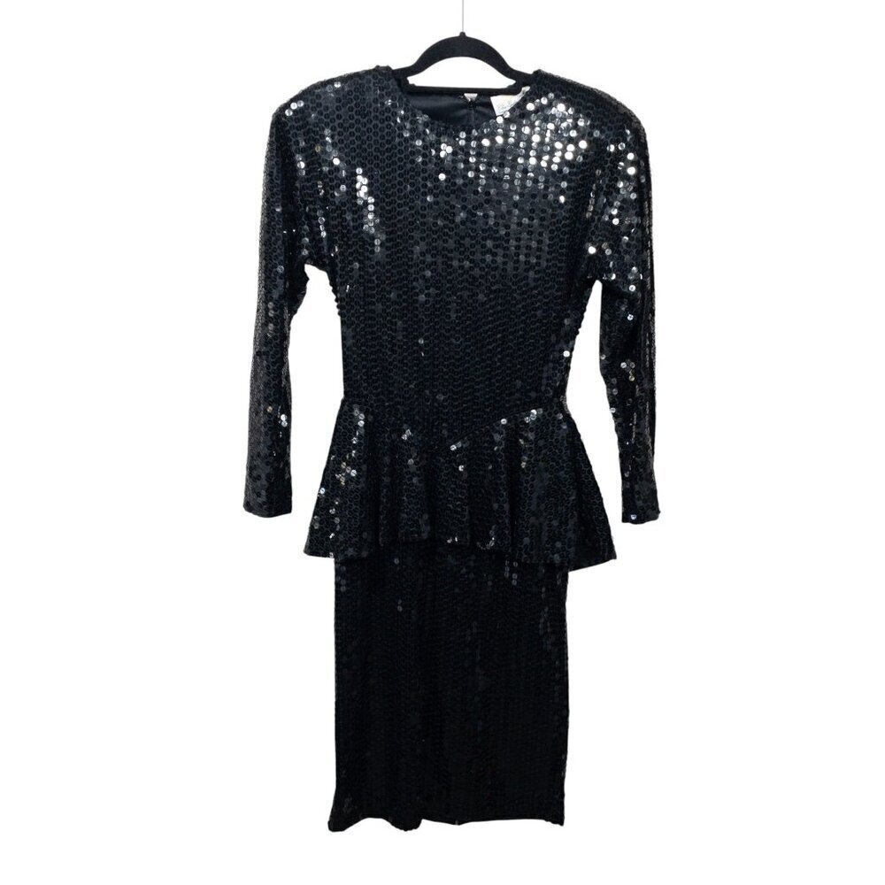 Vintage Black Sequin Peplum Long Sleeve Dress By Chaozhou Hand Stitched Embroide